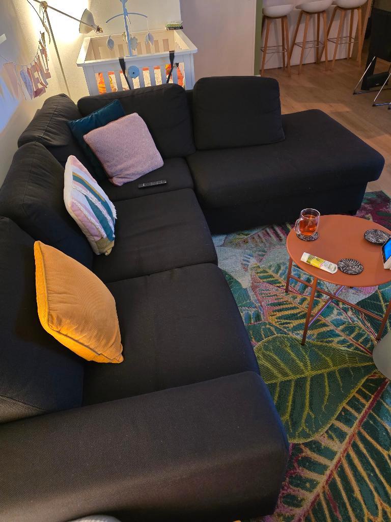 Zwarte hoekbank L-vorm 250x220 (moet deze week weg)