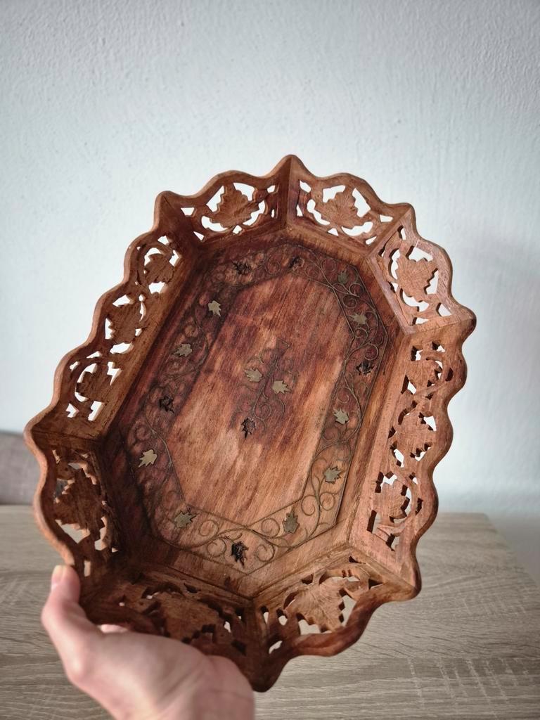 Vintage Sheeshamhouten Schaal met Messing Inleg