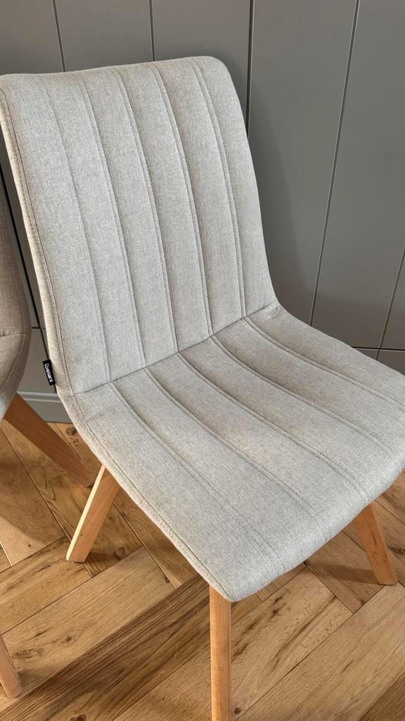 2x eetkamerstoel grijs stof met blank eiken poten