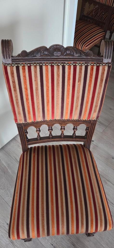 6 Antieke Eetkamerstoelen met gestreepte bekleding