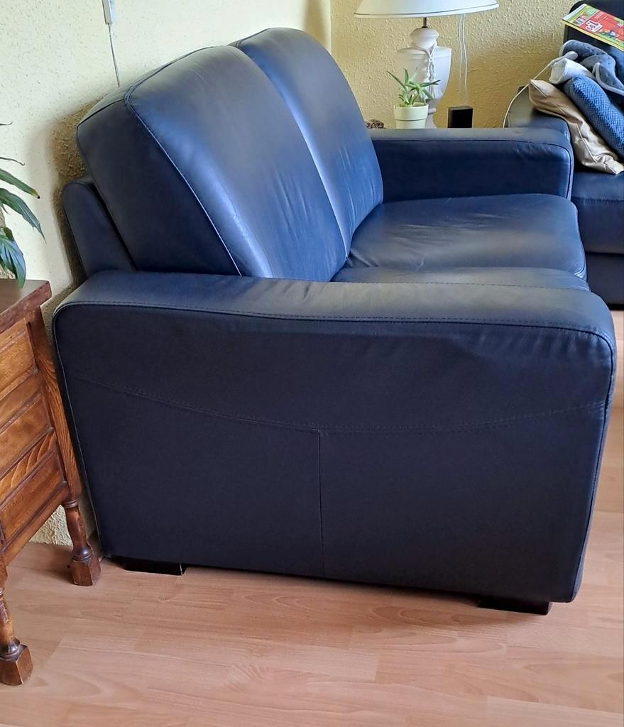 Koningsblauwe leren 2-zits bank - Goed onderhouden