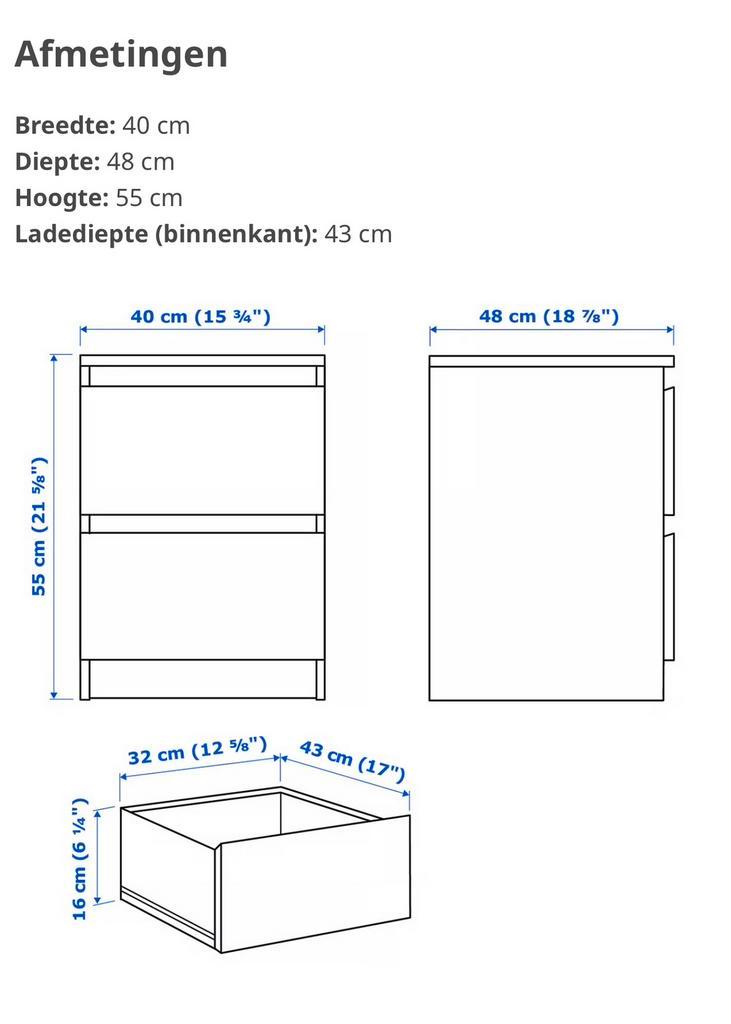 IKEA Malm Nachtkastje ladekastje 2 lades en glasplaat
