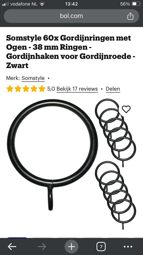 32 gordijnringen (zwart metaal 38mm diameter)