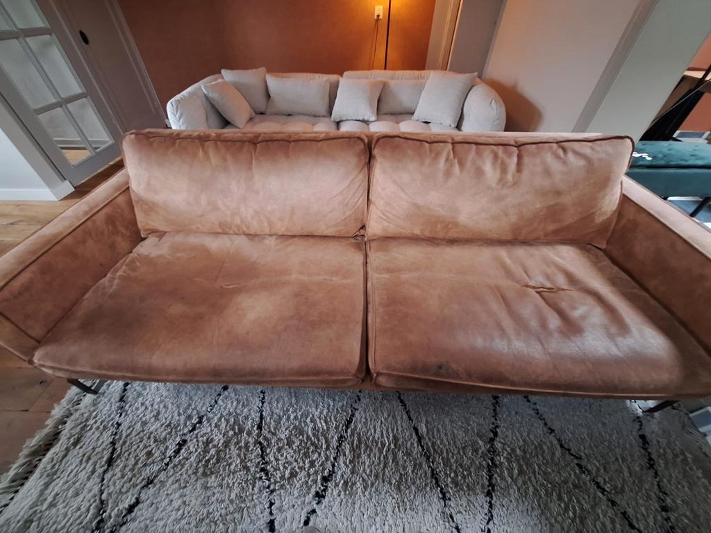 Suède leren bank, bruin/cognac kleur 230cm breed